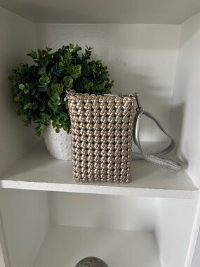 Anthropologie Woven Metallic Crossbody Bag Silver Gold Mini Purse
